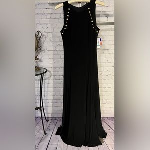 NWT. R&M Richards Full Length Dress w/ Slit & Gold Detail on Front. Size 8.